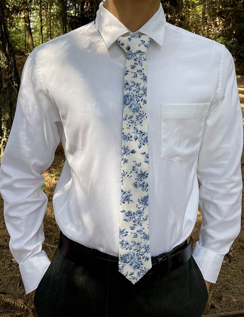 Kebocis Mens Blue Floral Necktie Skinny Tie White - Image 4